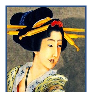 May include: A vintage Japanese painting of a woman in traditional attire. She wears a black wig with yellow hairpins and red floral accents. She holds a yellow fan and is dressed in a patterned kimono with a blue border.