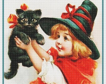 DIGITAL DOWNLOAD Little Girl Witches Hat with a Black Cat Vintage Halloween Orenco Originals Counted Cross Stitch Chart / Pattern