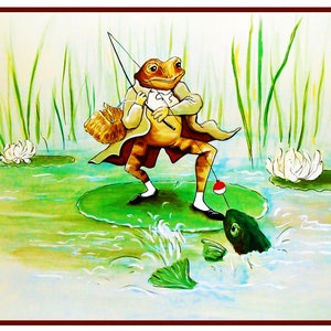 May include: An illustration of a frog dressed in a coat and vest, fishing in a pond. The frog stands on a lily pad, holding a fishing rod with a red and white bobber. A fish is biting the hook.