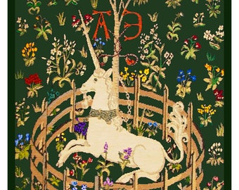 Digital DOWNLOAD Medieval Unicorn in Captivity Green Background Orenco Originals Counted Cross Stitch Chart / Pattern