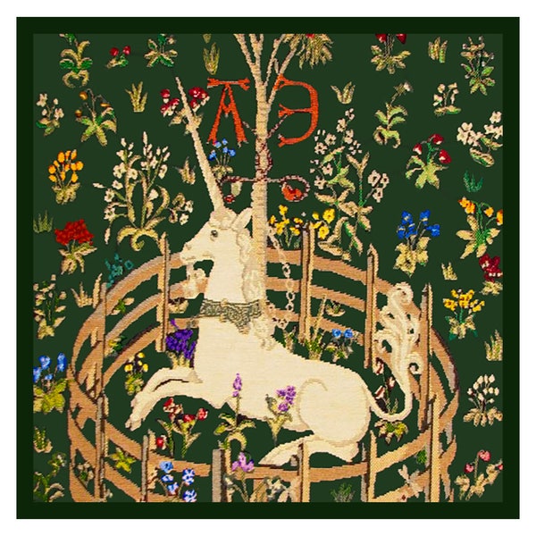 Digital DOWNLOAD Medieval Unicorn in Captivity Green Background Orenco Originals Counted Cross Stitch Chart / Pattern