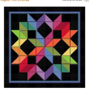 May include: A colorful quilt block design featuring a star pattern in a variety of colors including red, orange, yellow, green, blue, and purple. The design is set against a black background with a blue border.