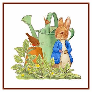 May include: A watercolor illustration featuring a brown rabbit in a blue jacket, standing near a green watering can. A small bird perches on a pot, and a snail crawls on the watering can. Green foliage and yellow flowers surround the scene.