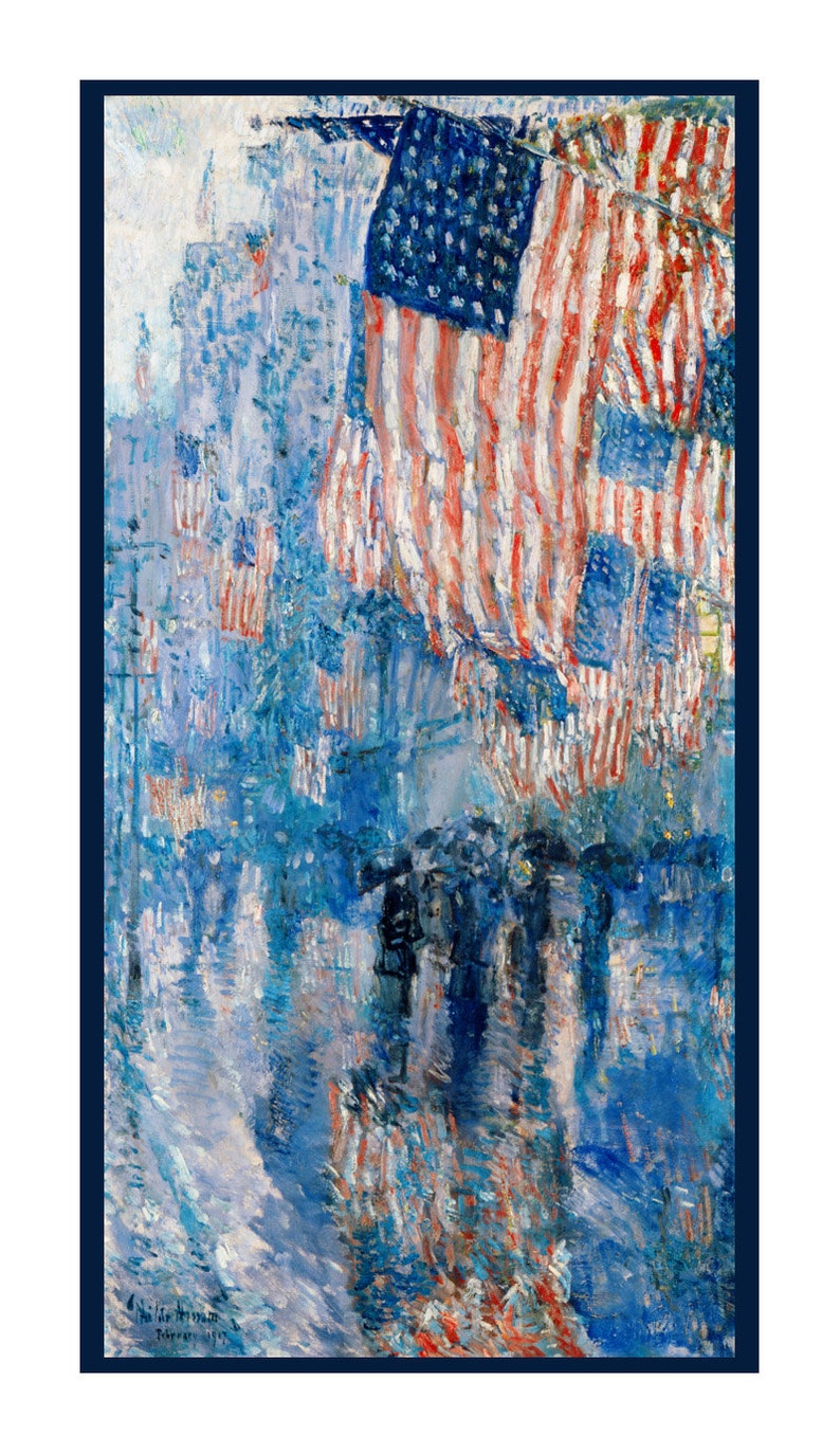 Digital DOWNLOAD Childe Hassam's American Flags Avenue in the Rain Orenco Originals Counted Cross Stitch Chart / Pattern image 1