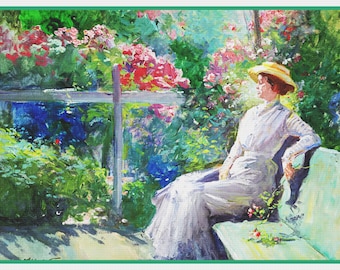 Digital DOWNLOAD Enjoying The Rose Garden inspired by American Artist Abbott Fuller Graves Orenco Originals Counted Cross Stitch Pattern