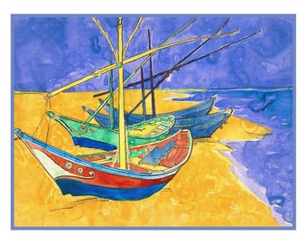 Digital DOWNLOAD Vincent Van Gogh Impressionist Boats on Beach in Saintes Marie Orenco Originals Counted Cross Stitch Chart / Pattern