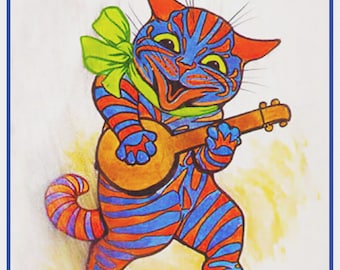 Digital DOWNLOAD Louis Wain&#39;s Kitty Cat With Banjo Orenco Originals Counted Cross Stitch Chart / Pattern PDF