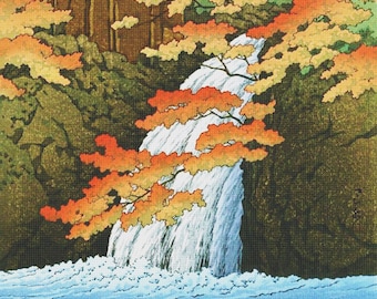 DIGITAL Download Japanese Kawase Hasui Senju Waterfall Orenco Originals Counted Cross Stitch Chart / Pattern - PDF