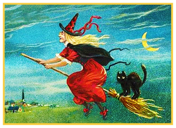 Vintage Halloween Witch on Broom Counted Cross Stitch Pattern Chart
