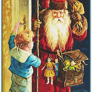 Digital DOWNLOAD Vintage Boy Greets Father Christmas Santa Claus at Door Counted Cross Stitch Chart / Pattern