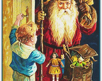 Digital DOWNLOAD Vintage Boy Greets Father Christmas Santa Claus at Door Counted Cross Stitch Chart / Pattern