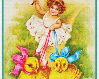 DIGITAL DOWNLOAD Girl Taking Her Easter Chicks For A Walk Orenco Originals Counted Cross Stitch Chart