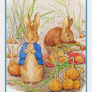 GRÁFICO DIGITAL Peter Rabbit recoge cebollas de Beatrix Potter Orenco Originals Gráfico / Patrón de punto de cruz contado Envío gratuito
