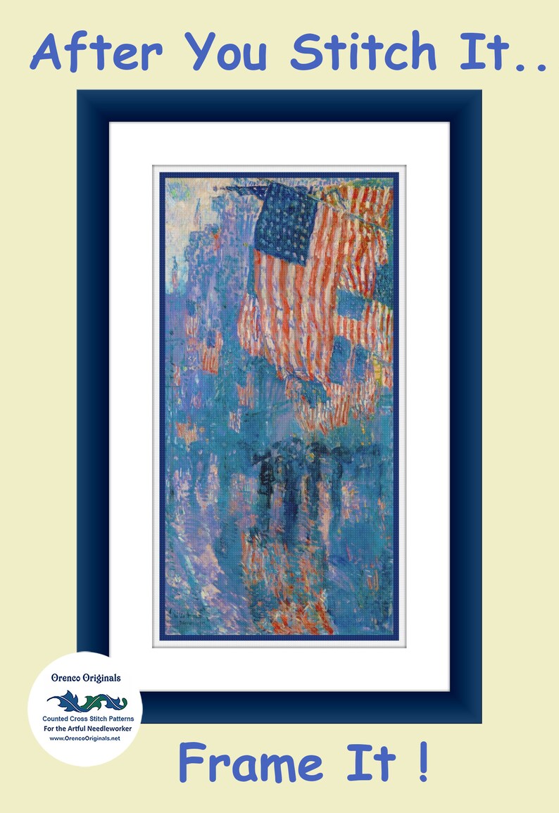 Digital DOWNLOAD Childe Hassam's American Flags Avenue in the Rain Orenco Originals Counted Cross Stitch Chart / Pattern image 3