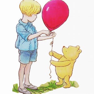 May include: Watercolor illustration of a young child with blonde hair holding a bright pink balloon, interacting with a yellow teddy bear. The child wears a blue shirt and shorts. The bear stands on green grass.