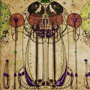 May include: An Art Nouveau illustration with two women in profile, surrounded by floral and geometric designs. The colour scheme includes browns, reds, greens, and purples, with detailed patterns and a vintage feel. The artwork has a textured background.