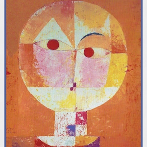 Può includere: Dipinto astratto raffigurante un volto stilizzato con una grande testa circolare. L'opera d'arte utilizza una tavolozza di arancione, giallo, rosa e rosso. Il volto ha due cerchi rossi per gli occhi, un triangolo sopra e una bocca piccola. Il dipinto è incorniciato in blu.