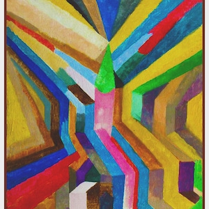 Puede incluir: Pintura geométrica abstracta con marco marrón. La obra presenta una vibrante gama de colores, incluyendo amarillo, azul, rojo y verde, dispuestos en una composición angular dinámica. El estilo de la pintura recuerda al cubismo.
