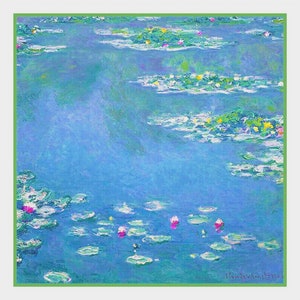 May include: A square art print featuring a water lily pond scene. The artwork depicts a blue pond with lily pads and pink and yellow flowers. The painting has a green border and the artist's signature in the bottom right corner.