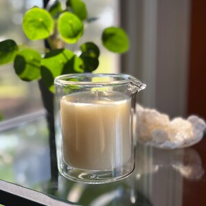 May include: A clear glass candle holder with a light-colored candle inside. The candle holder has a double-walled design and a small spout. A green plant is visible in the background, along with a white, textured object.
