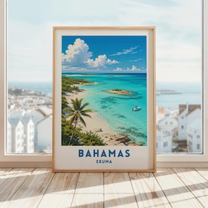Puede incluir: Un póster de viaje enmarcado que presenta una vibrante escena costera de Exuma, Bahamas. La imagen muestra un océano turquesa, una playa de arena con una palmera y un pequeño bote en el agua bajo un cielo azul con nubes blancas. El texto dice BAHAMAS EXUMA.