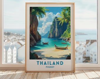May include: A framed art print of a tropical beach scene in Thailand. The artwork features a turquoise sea, sandy beach, and several longtail boats. The text "THAILAND PHUKET" is printed at the bottom of the image.