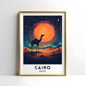 Plakat podróżniczy do Kairu w Egipcie: Gwieździsta noc na pustyni, grafika ścienna z sylwetką wielbłąda (do pobrania cyfrowego)