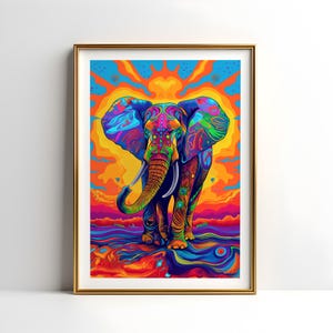 Psychedelic Elephant Print: Neon Pop Art, Colorful Jungle Decor (Digital Download)