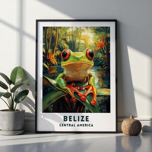 May include: A framed wall art print featuring a vibrant green red-eyed tree frog perched on a leaf in a tropical jungle setting. The text BELIZE CENTRAL AMERICA is printed in dark green capital letters at the bottom of the white bordered poster.