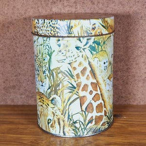 Vintage Safari Jungle Animal Tin - Decorative Storage Canister with Big Cat and Wildlife Print