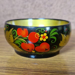 Small Vintage Russian Khokhloma Wooden Bowl - Hand-Painted Folk Art with Red Berries & Gold Leaves