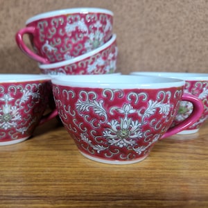Set of 6 Coral Mun Shou Longevity Teacups – Chinese Porcelain – Vintage Red White Tea Cups – Good Luck Longevity Pattern