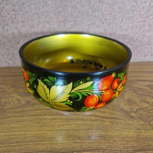 Vintage Russian Khokhloma Wooden Bowl - Hand-Painted Folk Art Decor