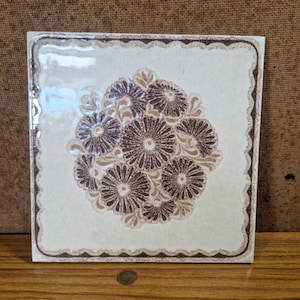 Vintage Floral Ceramic Tile – Embossed Brown & Cream 1970s Style