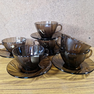 Vintage Duralex Smoky Glass Coffee Cup & Saucer Set – Set of 6