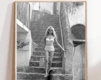 Descarga de póster de Brigitte Bardot / Impresión fotográfica vintage en blanco y negro / Arte digital con glamour retro / Decoración parisina chic