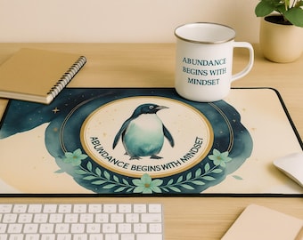 Abundance Mindset Desk Mat: Penguin Design, Creative Workspace