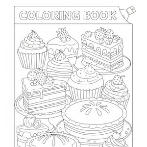 Puede incluir: Ilustración en blanco y negro de una página de libro para colorear. La página presenta varios postres, incluyendo cupcakes, pasteles y tartas. El texto "COLORING BOOK" está en la parte superior de la página.