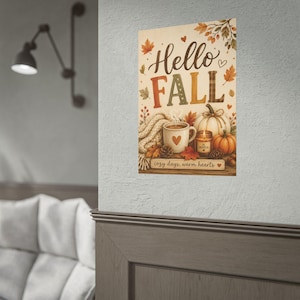 Hello Fall poster | Rolled Posters, cozy autumn pumpkin mug design