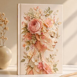 Puede incluir: Un diario de tapa dura con una ilustración en acuarela del perfil de una mujer adornado con flores. El diseño incorpora tonos suaves de rosa, melocotón y crema, con un enfoque en elementos florales y una estética serena. El diario está de pie.