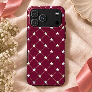 Burgundy Floral Phone Case, Cute Daisy Pattern, Coquette Aesthetic, Girly Gift