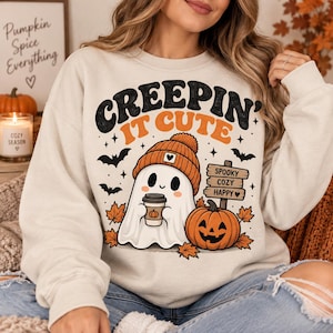 Creepin It Cute Halloween Sweatshirt, Cute Ghost Crewneck, Cozy Spooky Season Shirt, Pumpkin Coffee Fall Sweater, Halloween Gift for Her