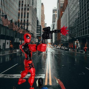 Könnte beinhalten: Eine rot-schwarze Deadpool-Actionfigur zielt mit einer schwarzen Waffe mit rotem Explosionseffekt. Die Figur befindet sich in einer Stadtstraßenszene mit anderen Actionfiguren am Boden.