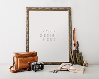 Download Rustic Gold Frame With Vintage Camera And Feathers Stock Photography Product Frame Mockup Frame Mock Up Wall Art Display Template Best Mockups Psd Templates Free PSD Mockup Templates