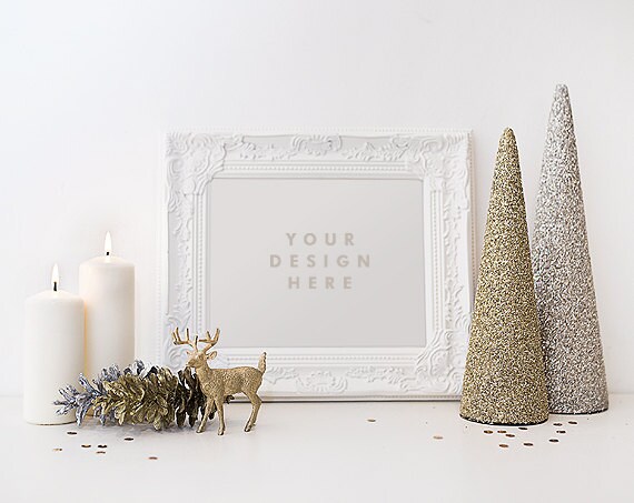 Winter Styled Frame Photo Template Mockup With Gold Tree