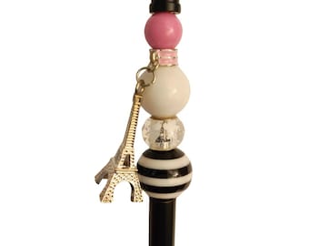 Eiffeltoren bedelpen met kralen: zwart metalen vat, roze, wit