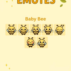 May include: A light yellow graphic with the text "KAWAII BEE EMOTES" and "Baby Bee". The image features several cartoon bees with different expressions, including angry, happy, and sleeping. A pot of honey is at the bottom.