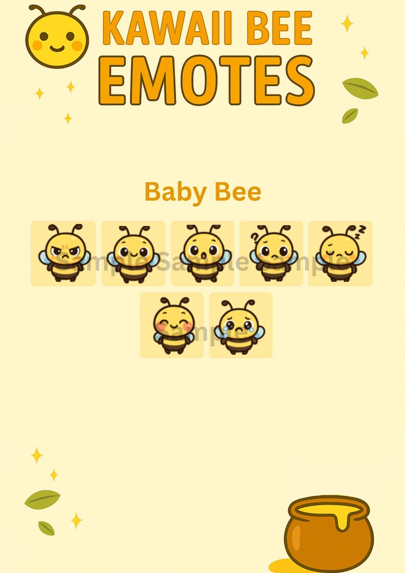 May include: A light yellow graphic with the text "KAWAII BEE EMOTES" and "Baby Bee". The image features several cartoon bees with different expressions, including angry, happy, and sleeping. A pot of honey is at the bottom.