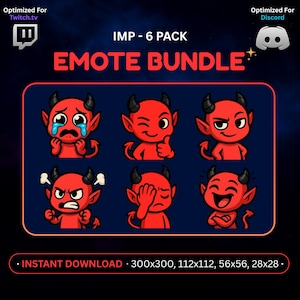 Può includere: Grafica digitale con sei emote diaboliche rosse con varie espressioni, tra cui pianto e occhiolino. Il testo "IMP - 6 PACK EMOTE BUNDLE" è visualizzato sopra. Ottimizzato per Twitch.tv e Discord.