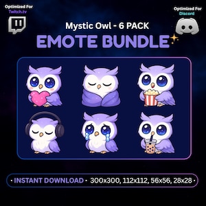 Könnte beinhalten: Ein digitales Grafikpaket mit sechs Mystic Owl-Emotes. Jede lila und weiße Eule hat große blaue Augen. Die Emotes zeigen eine Eule mit einem Herzen, eingehüllt in eine Decke, mit Popcorn, mit Kopfhörern, weinend und mit einem Getränk.